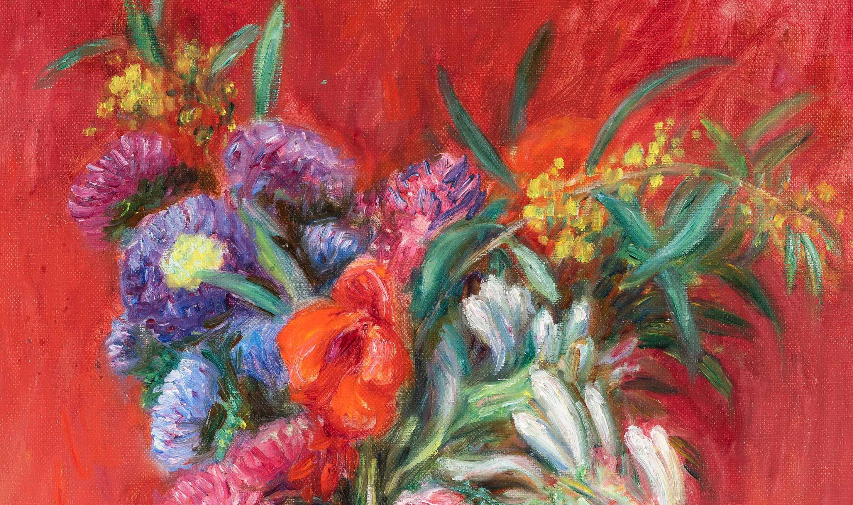 Painting of flowers in a vase that captures light and color.