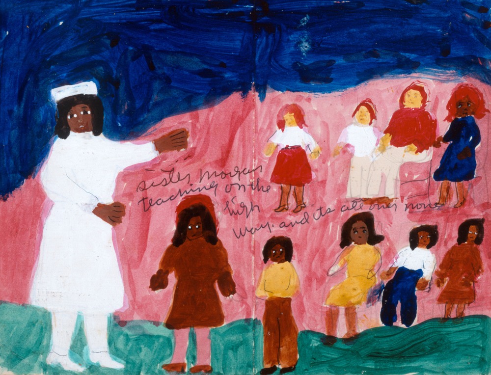 Simplistic painting of a Black woman dressed in white with a white hat. Near her is a row of young Black girls. Above them is a row of young White girls. There is writing on the painting.