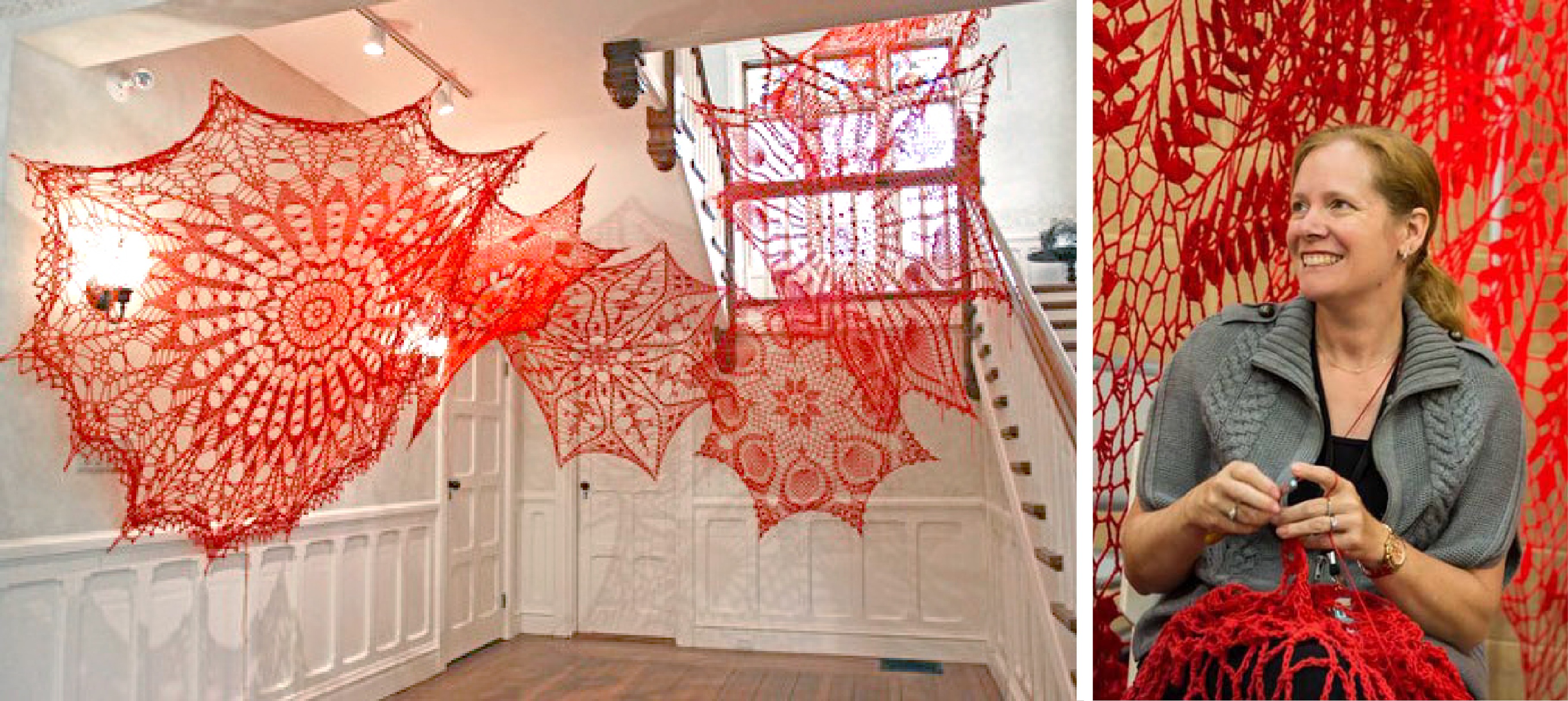 Two pictures are separated by a white line. In the first, large, red doilies drape the walls of a stairwell. In the second, Ashley V. Blalock crochets a red doily.