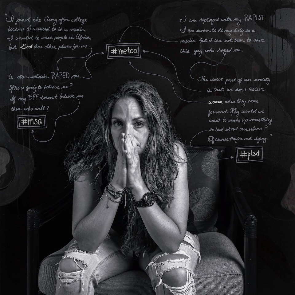 Black and white photo of women in ripped jeans sits with hands on face and eyes towards viewer, while handwritten thoughts are around her. Including #metoo, God, #ptsd, and #msa.