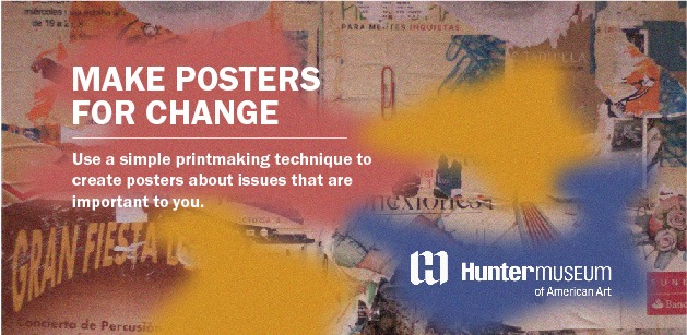 Background of collage of posters with splotches of color. Text reads, "Use a simple printmaking technique to create posters about issues that are important to you."
