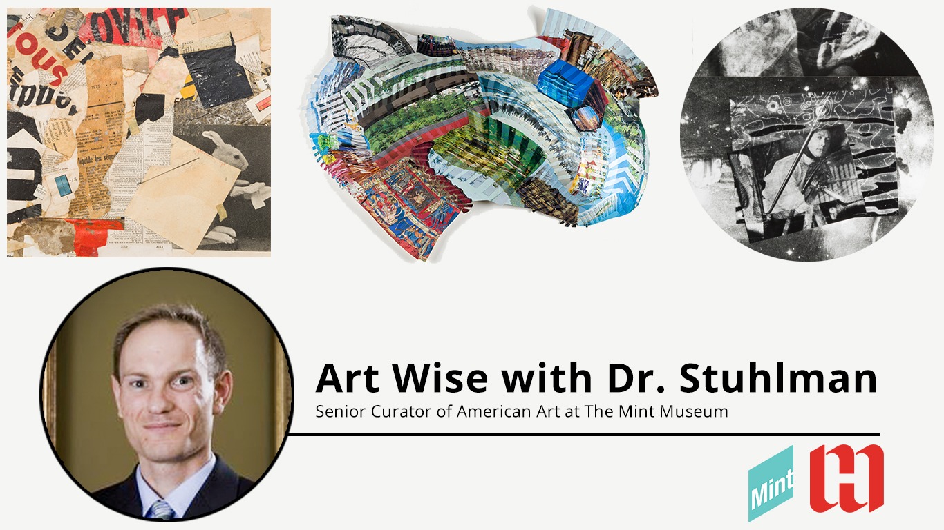 Cover image including three different artworks of mixed media and a headshot of Dr. Stuhlman.