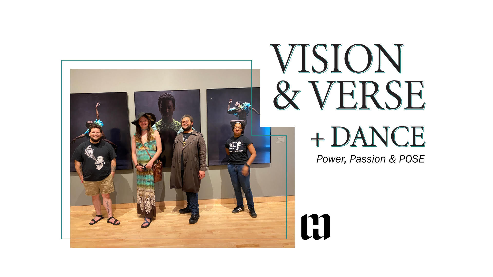 Four people standing in front of photos in the Power, Passion and Pose exhibit.